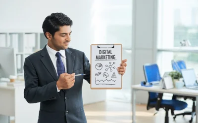 man-suit-standing-office-with-clipboard-pointing-poster-with-words Digital Marketing Company, Digital Marketing Services